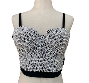 She’s Moda Rhinestones Pearl Studded Black‎ Bustier Cropped Top Corset Goth S